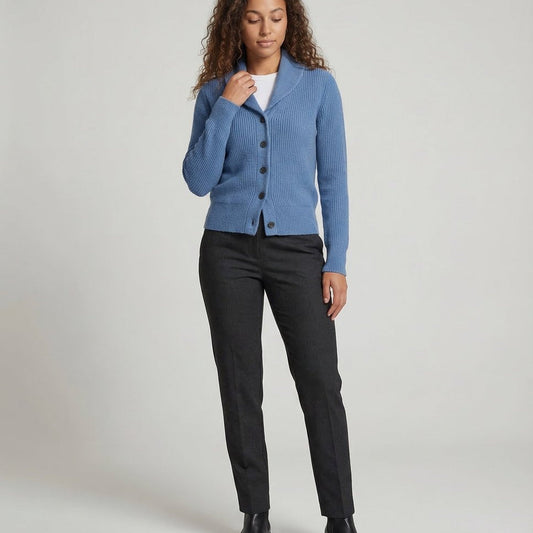 Aria Ribbed Knit Black Cardigan Sweater with Lapel Collar and Button Closure