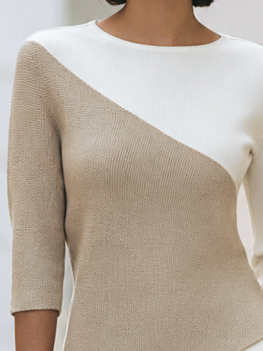 Asymmetric Color-Block Knit Top with 3/4 Sleeves - Fitted Stretch Design 1