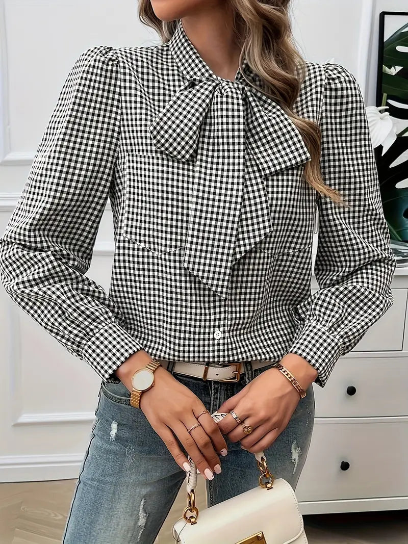 Aurora - Classic Plaid Blouse with Elegant Bow Detail for Timeless Style 3