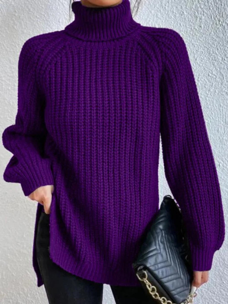 Amelie oversized chunky knit turtleneck sweater in purple, front view on model