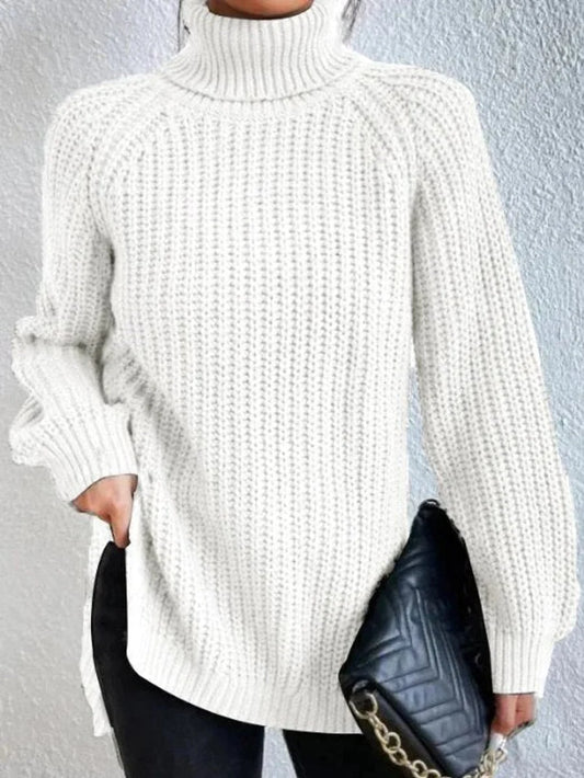 Amelie oversized chunky knit turtleneck sweater in white, front view on model