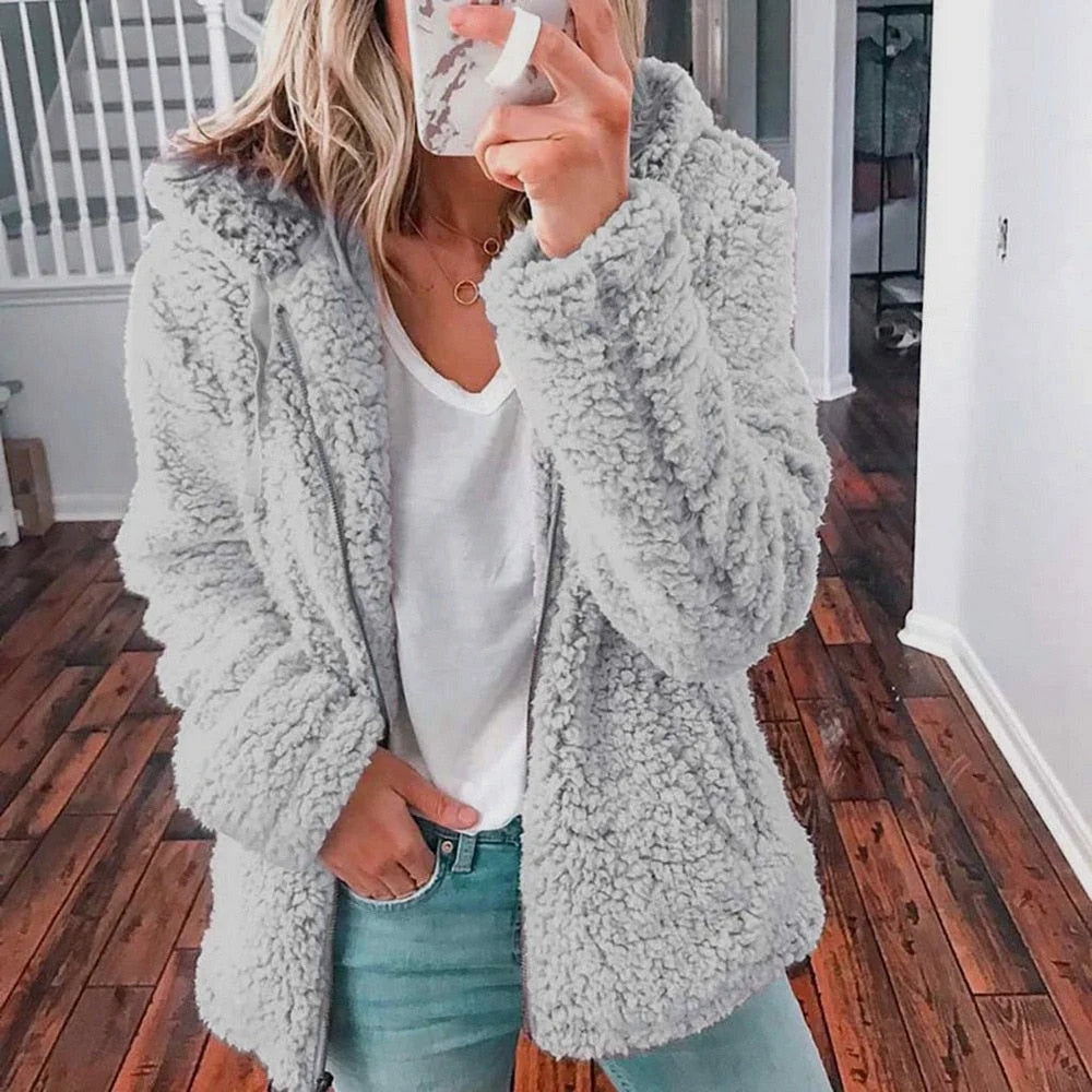 Women's hooded teddy fleece jacket with open front in Light Grey