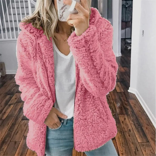 Women's hooded teddy fleece jacket with open front in Pink