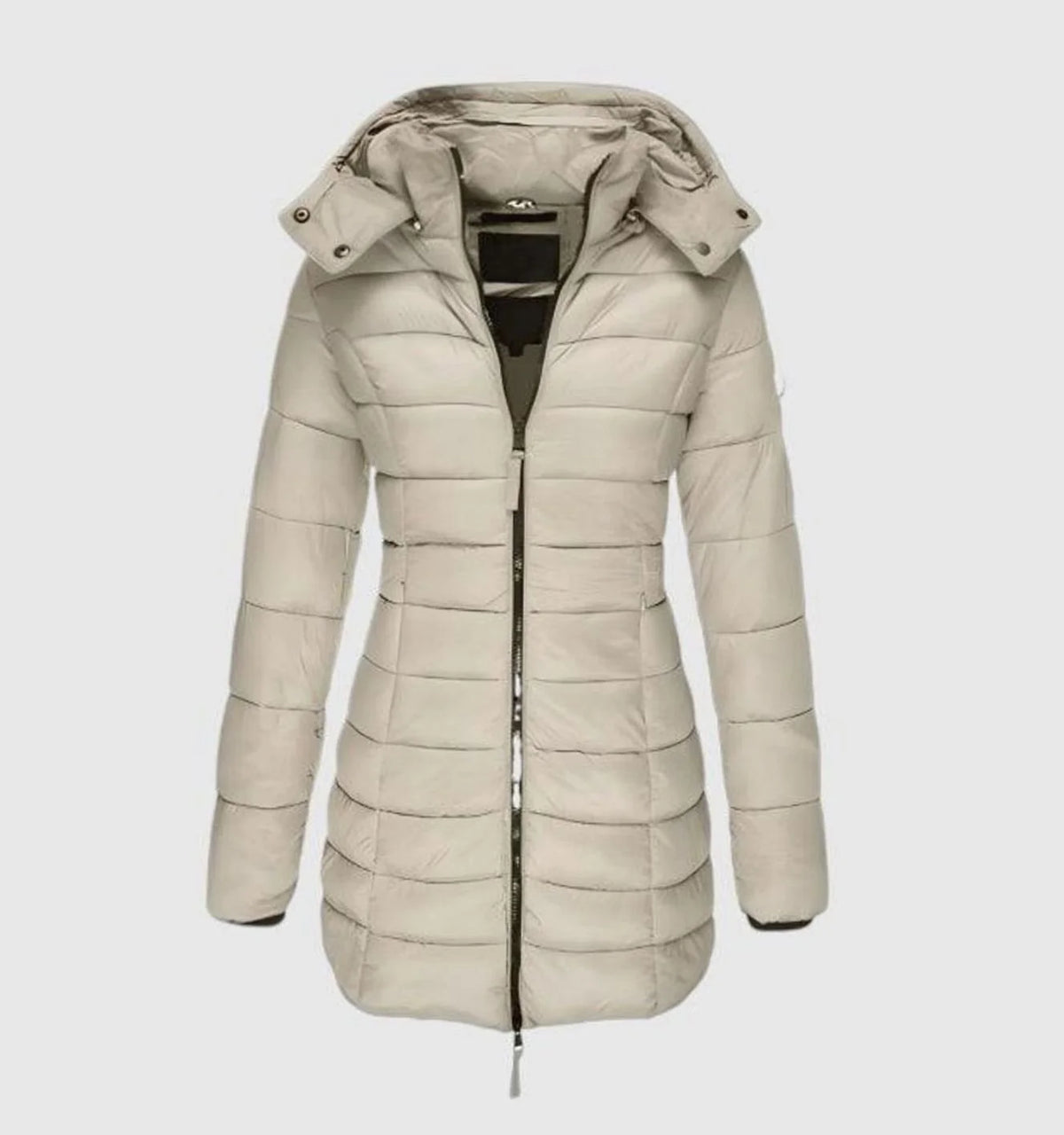 Charlotte long quilted hooded winter jacket in beige, front view
