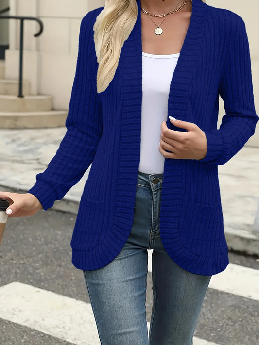 CozyEase long open-front knit cardigan in blue, front view on model