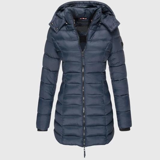 Women's long down jacket with hood in Blue