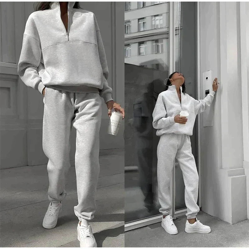Women's half-zip loungewear set in light grey, additional view