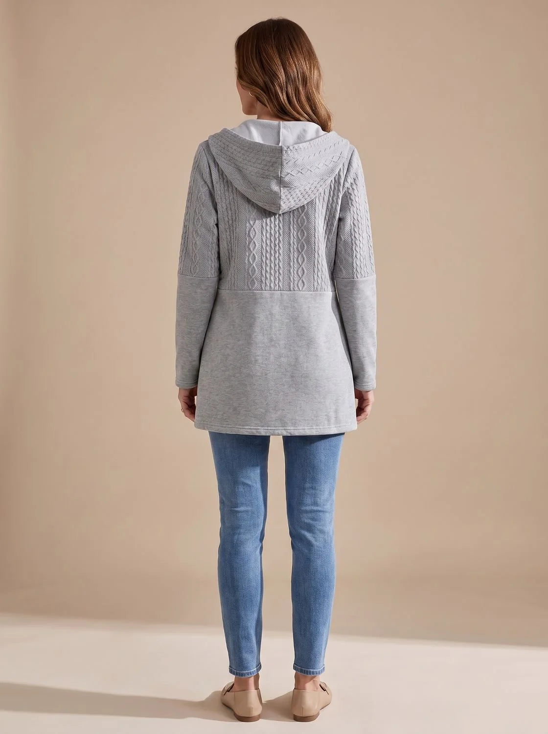 Harper longline hooded fleece coat with cable-knit panel in gray, back view with hood on model