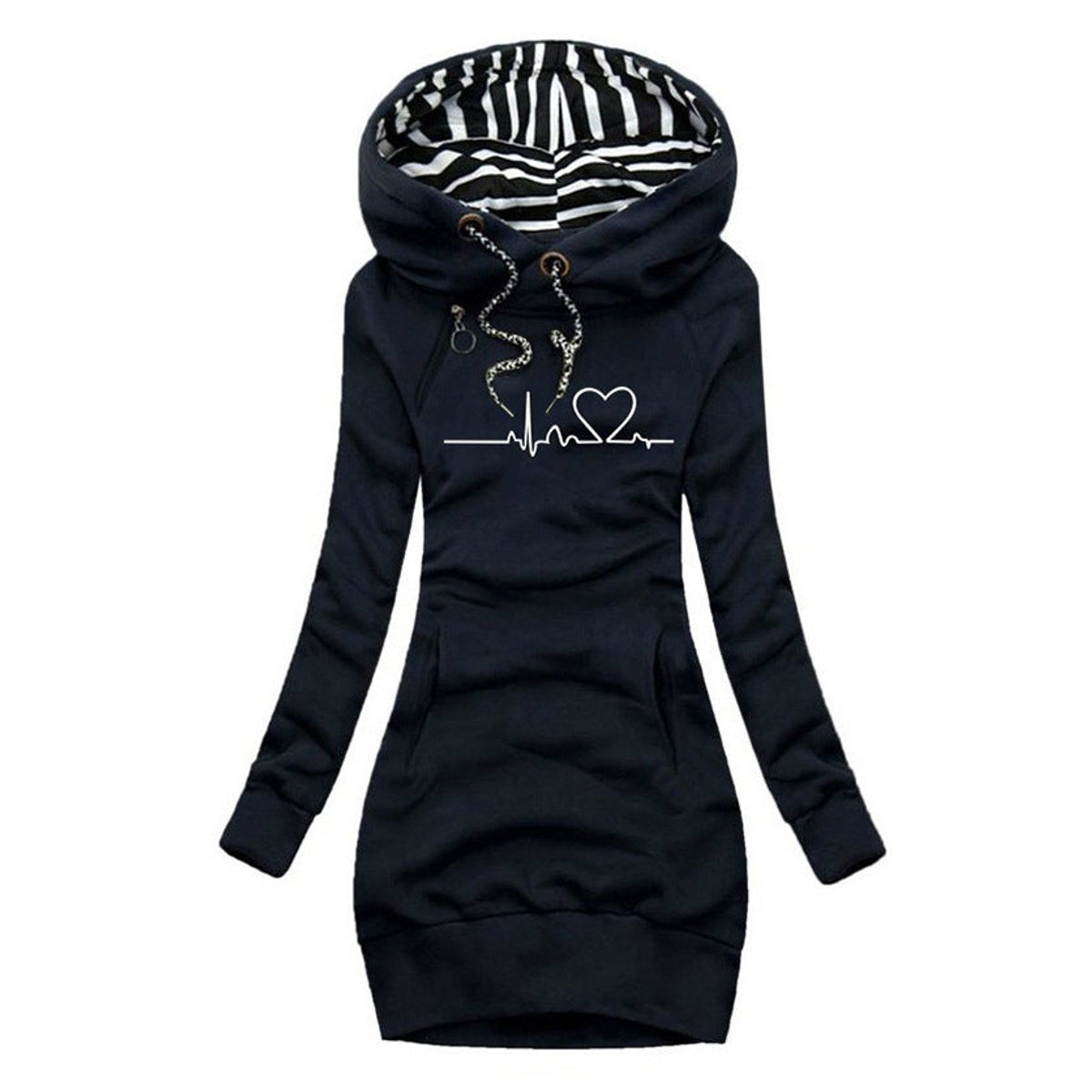 Women's hooded sweatshirt dress with heartbeat print in blue
