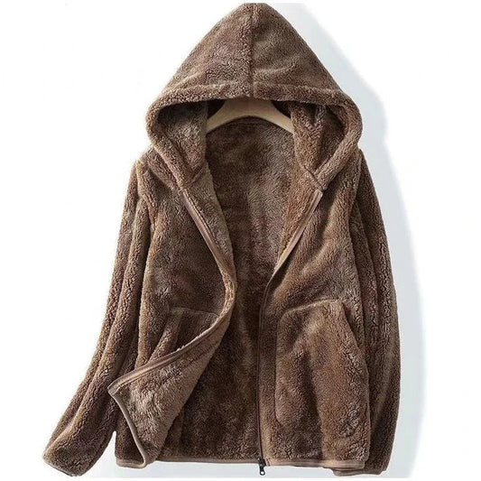 Women's hooded teddy jacket with zip front in brown