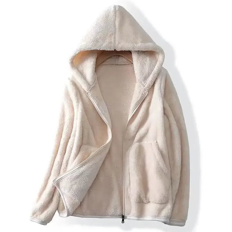 Women's hooded teddy jacket with zip front in white