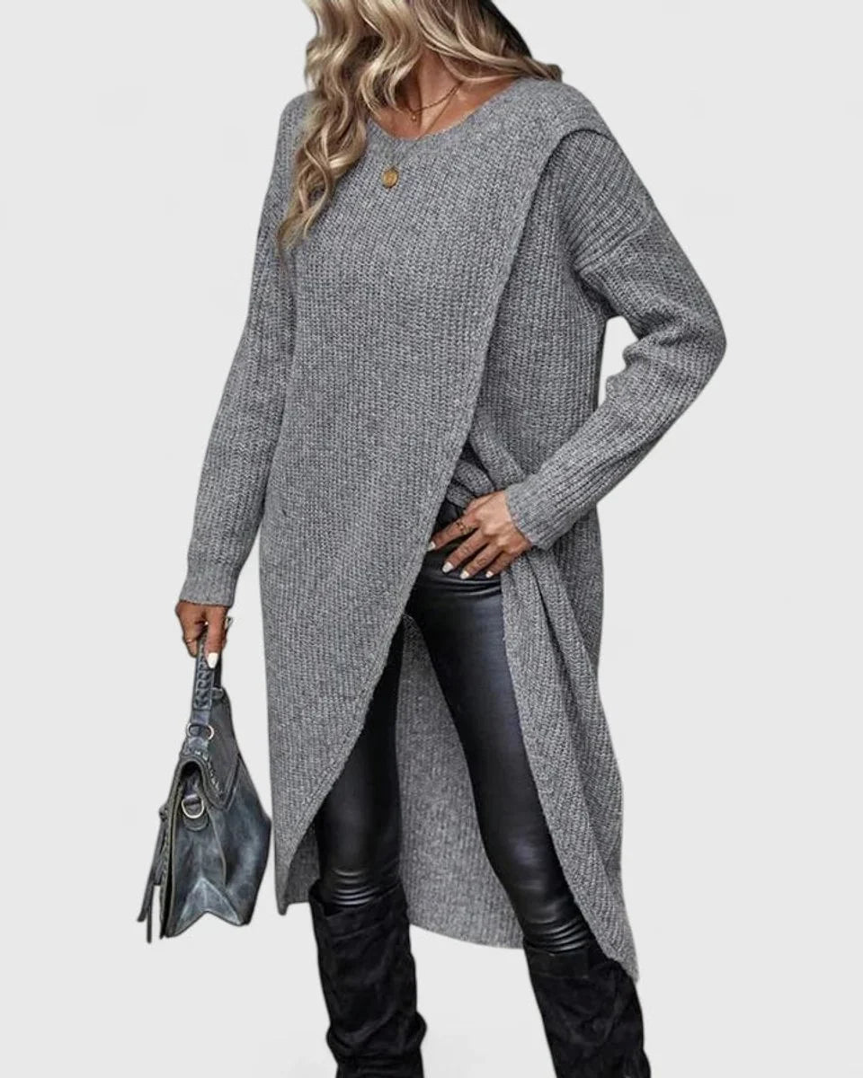 Layla knit sweater dress with asymmetric hem in gray, side view on model
