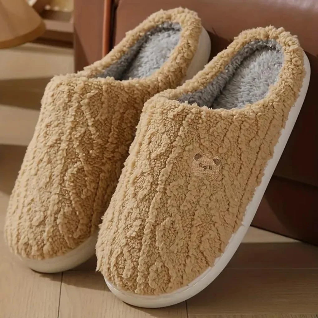 Maria women's plush slippers in coffee, pair shown from the front