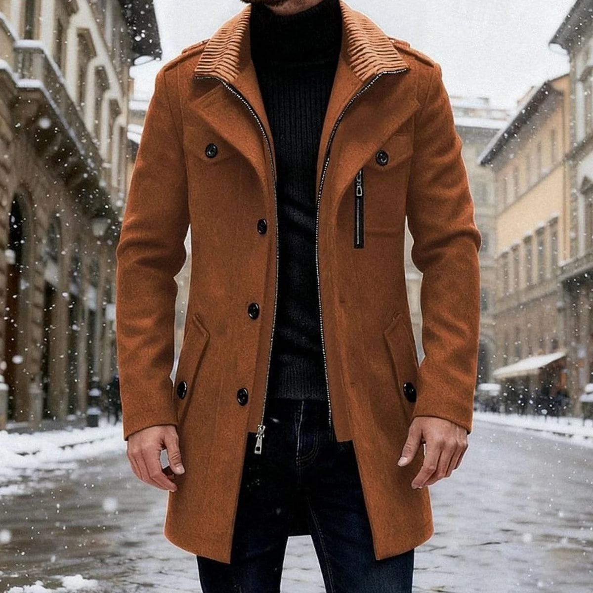Sebastian men's wool overcoat in brown, front view on model