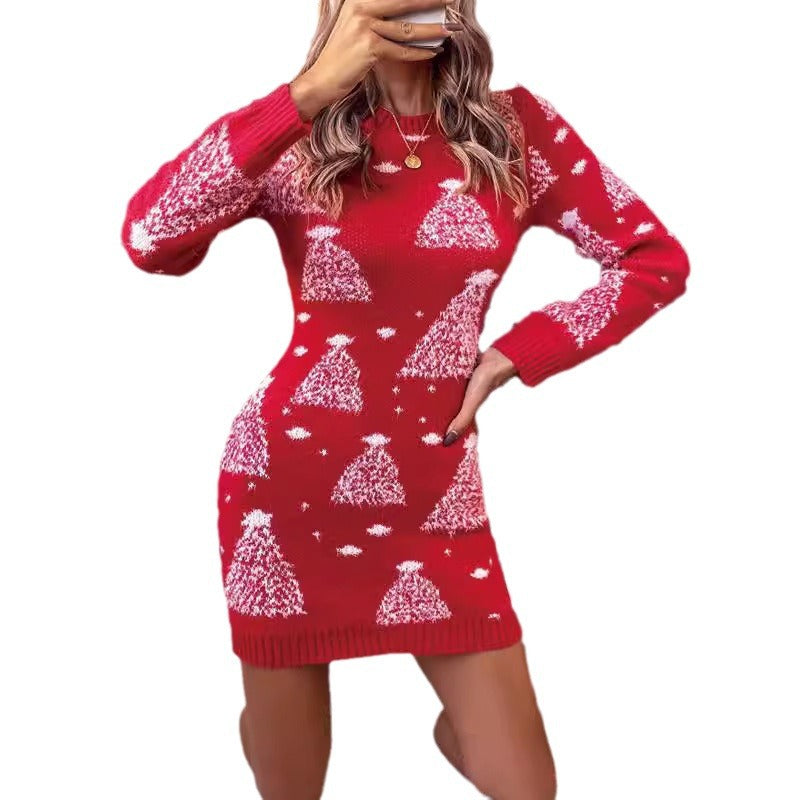 Red Christmas tree bodycon mini sweater dress, full view