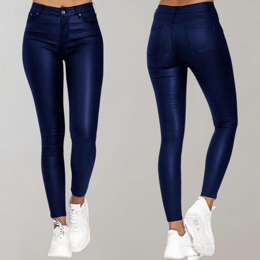 Blue coated skinny pants, front and back view
