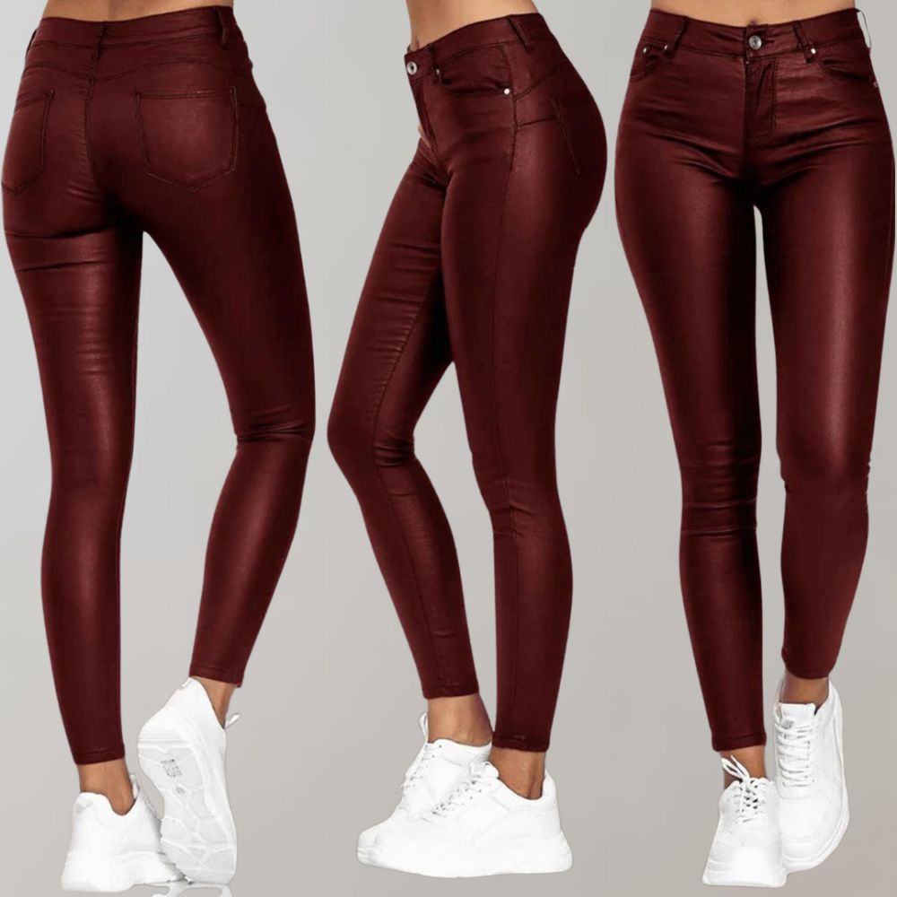 Red coated skinny pants, multiple views