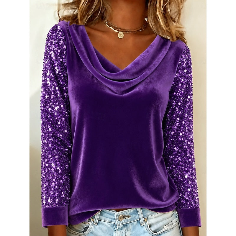 Purple cowl neck top with sequin long sleeves, front view