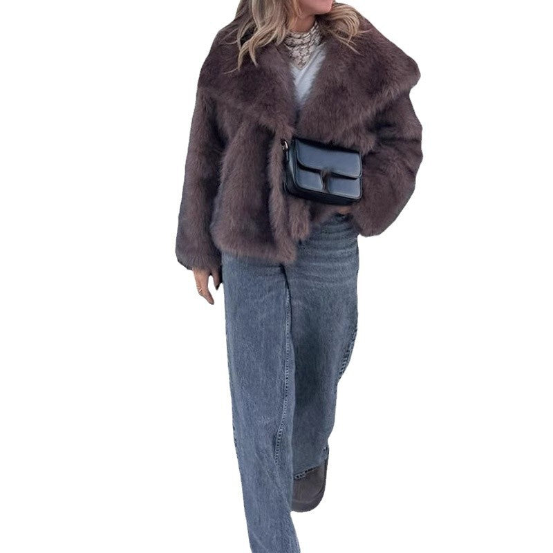 Brown cropped faux fur jacket, full-length view