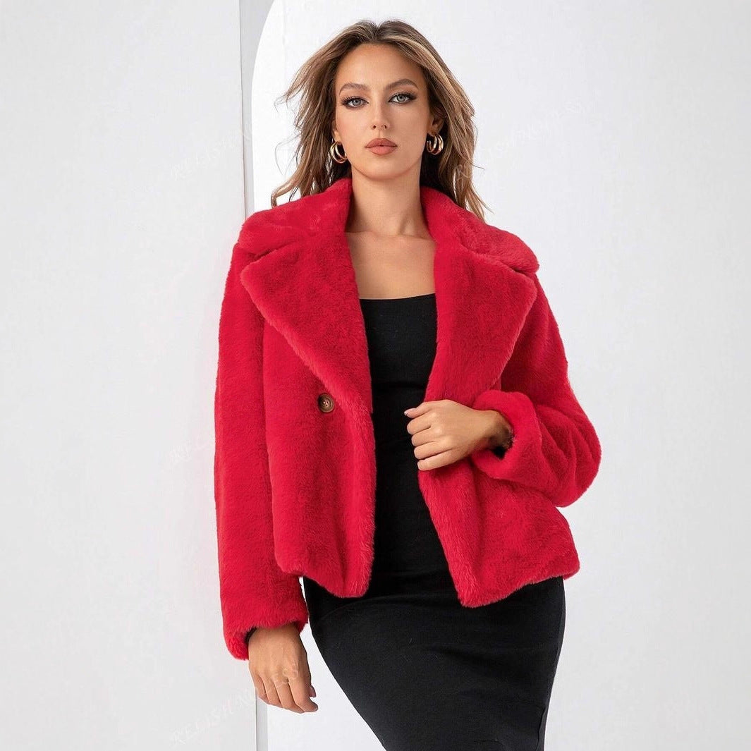 Red-toned cropped teddy jacket, styled view