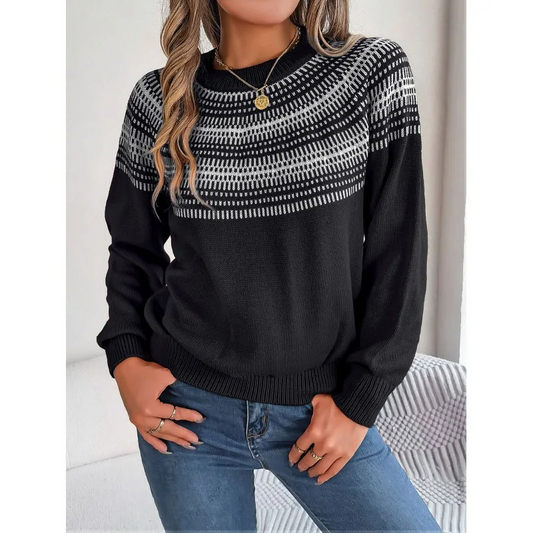 Black Fair Isle sweater with geometric yoke, front view
