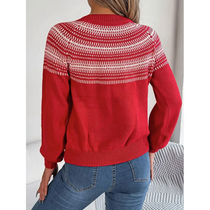Red Fair Isle sweater with geometric yoke, back view