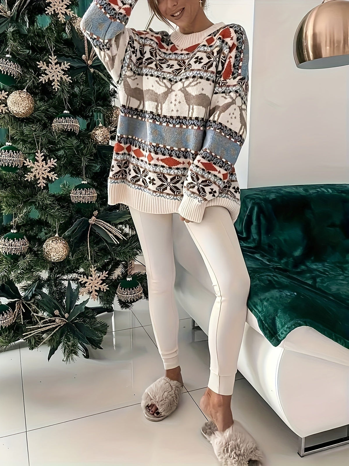 Fair Isle snowflake sweater, full-length view