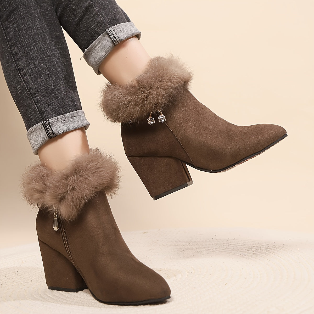 Dark brown faux fur trim ankle boots, side view
