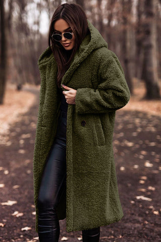 Green hooded longline teddy coat, front view