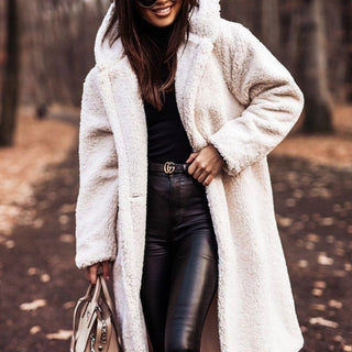 White hooded longline teddy coat, front view