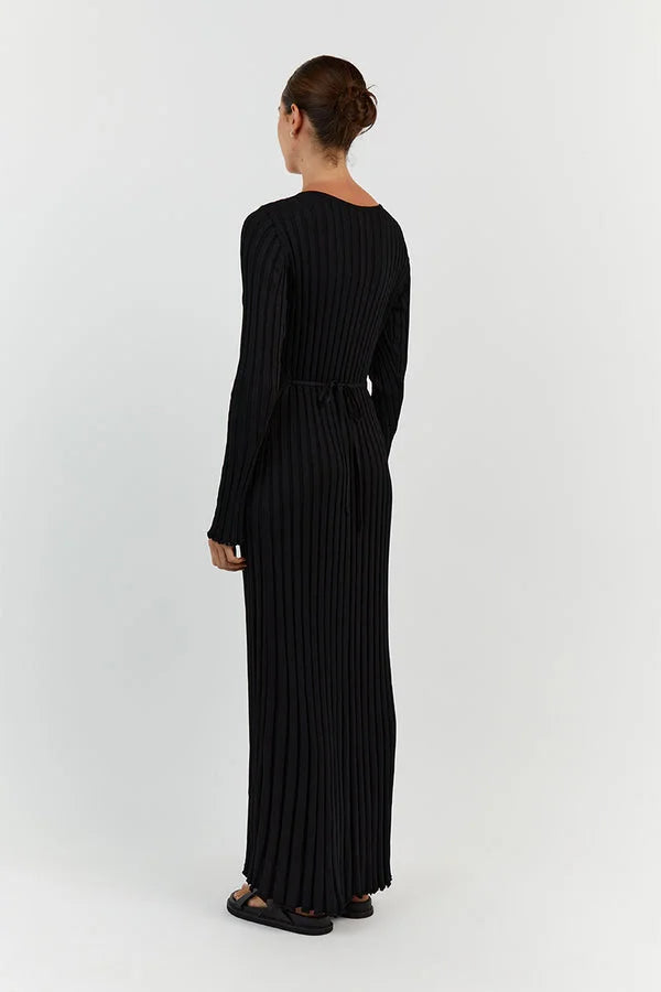 Black ribbed knit maxi dress, back view