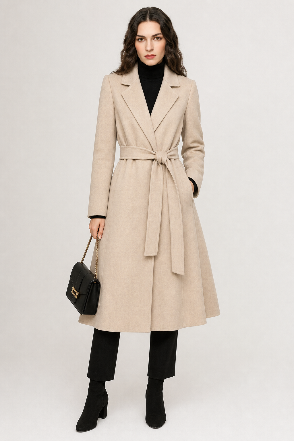 CozyWool - Black Wool Coat with Belted Waist for Tailored Fit and Warmth 8
