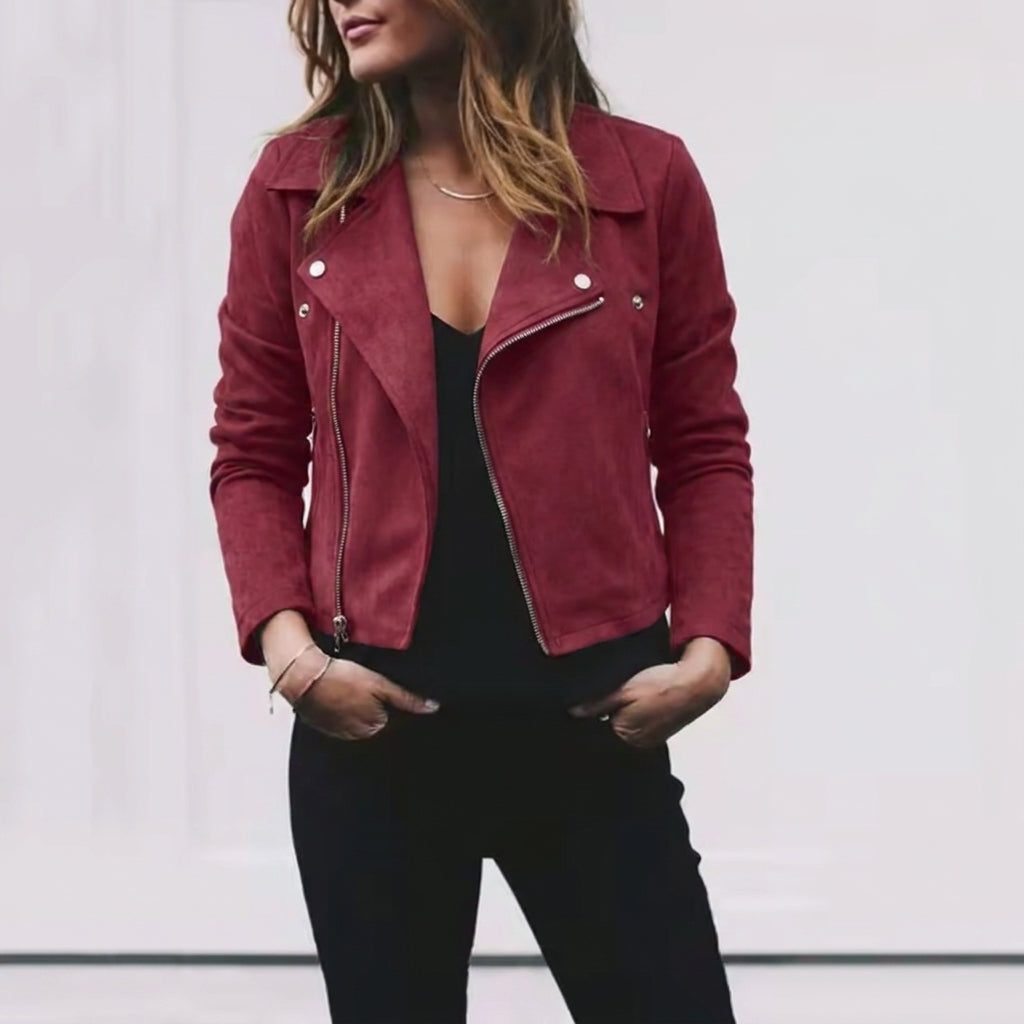 Danica - Suede Cropped Jacket with Notched Lapel Collar and Asymmetrical Zip 4