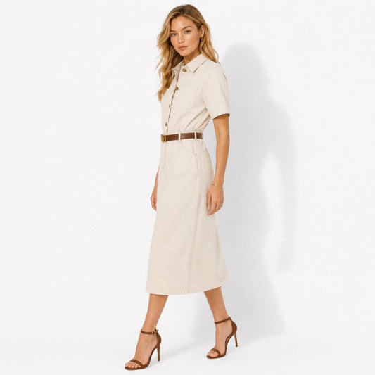 Ecru Midi Dress - Premium Cotton-Blend Twill with Tortoiseshell Buttons 1