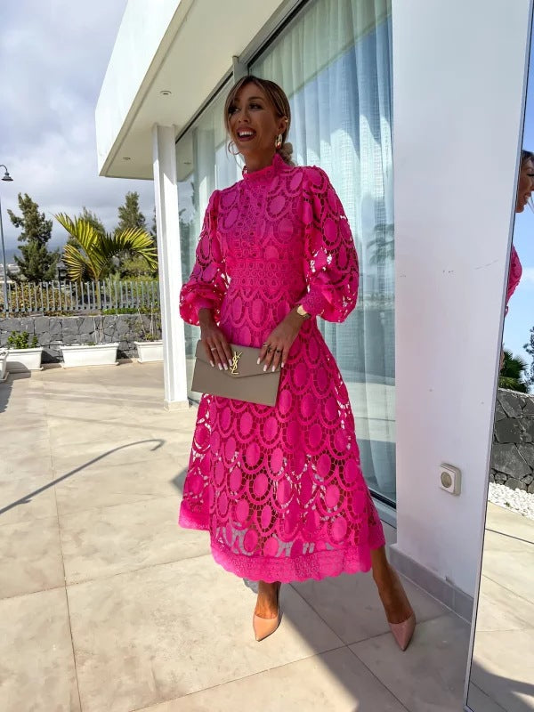 Elegant Lace Midi Dress - Long Sleeve High Neck Wedding Guest Dress 3
