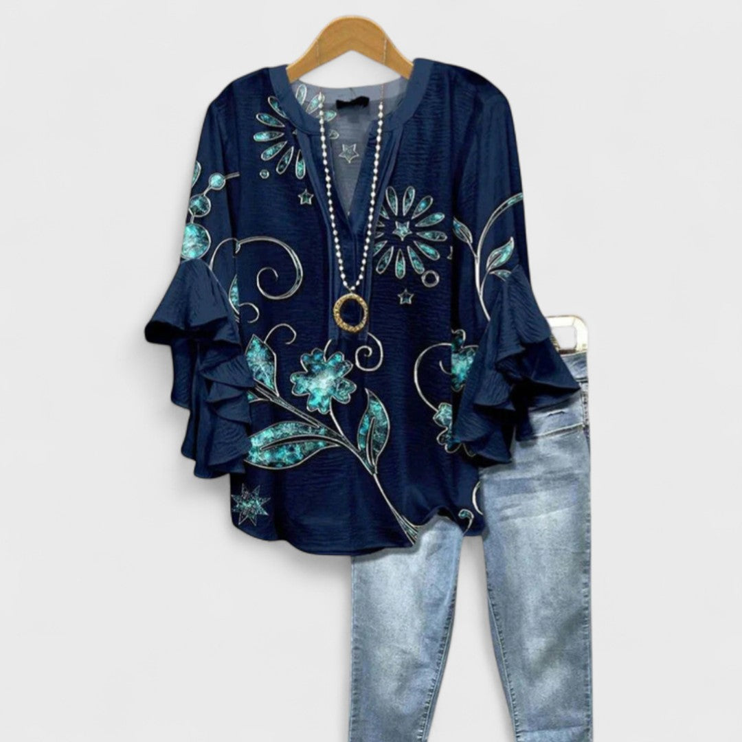 Elegant V-Neck Blouse with Layered Ruffle Sleeves and Patterned Design 9