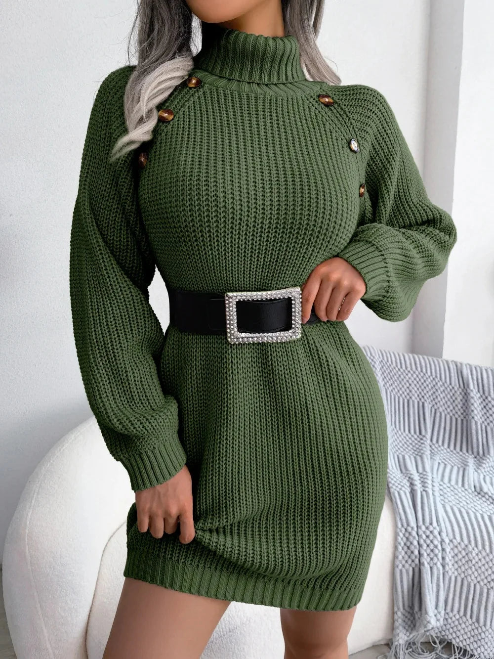 Elysian Knit Dress - Soft Acrylic A-Line Dress with Turtle Neck and Long Sleeves 4