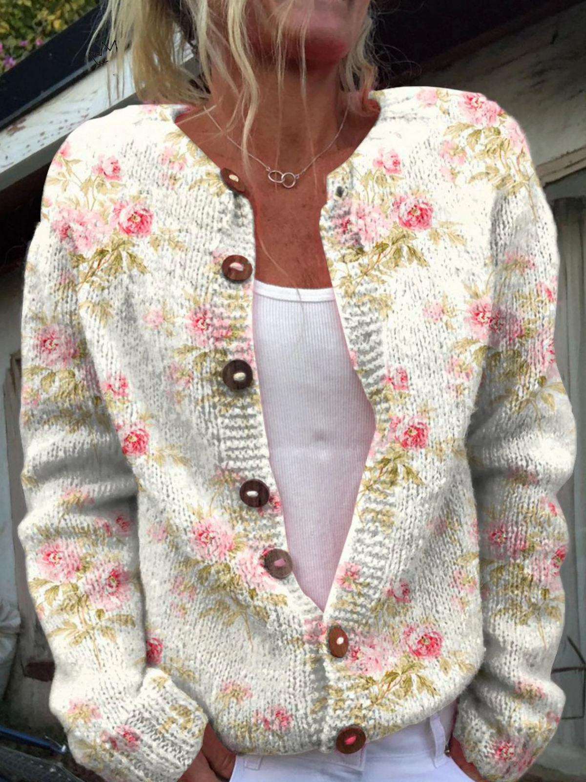 Floral Knit Cardigan - Relaxed Fit Long Cardigan Sweater for Cozy Layering 0