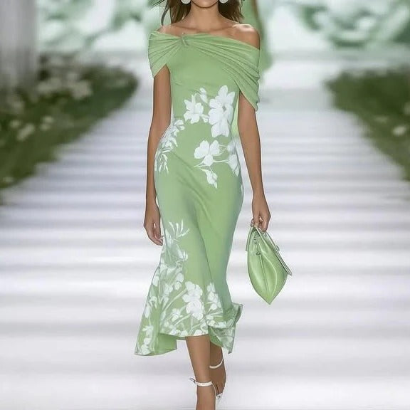 Floral Midi Dress - Off-Shoulder Neckline, Fitted Waist, Perfect for Weddings & Summer Events 2