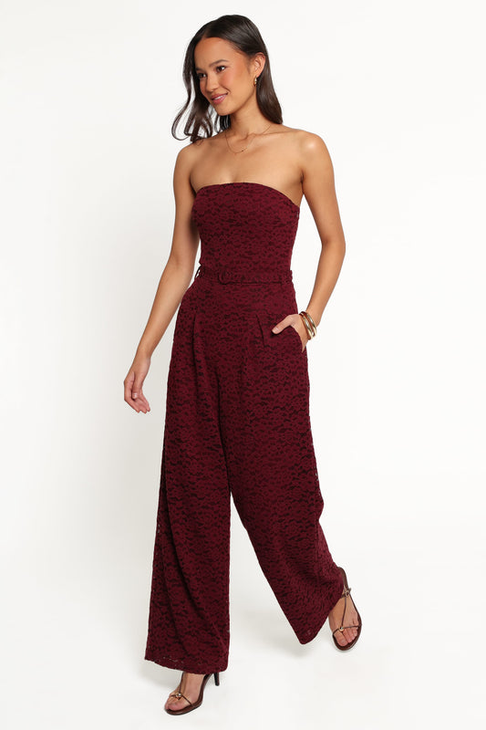 Lace Jumpsuit with Removable Belt - Strapless Wide-Leg Design in Burgundy 1