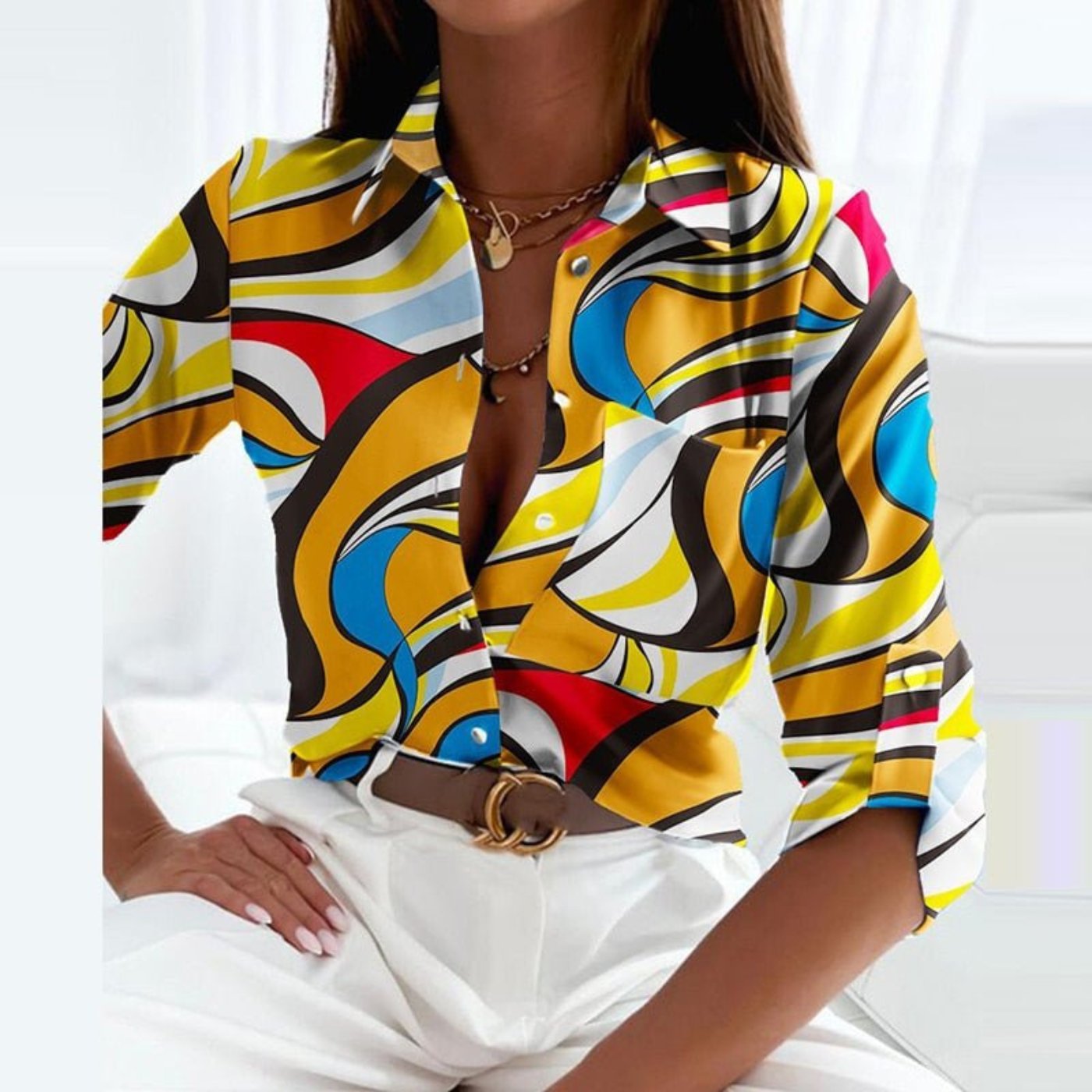 Lena | Women's Satin Geometric Print Button-Down Blouse 15