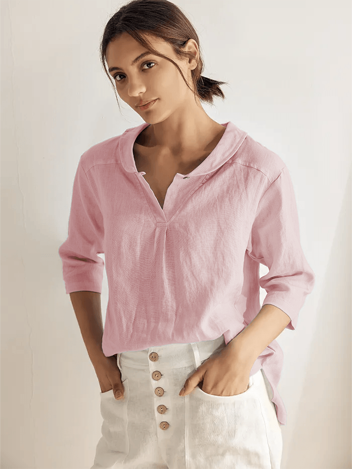Linen Shawl V-Neck Top - Relaxed Fit Blouse with Asymmetrical Hem for Effortless Style 12