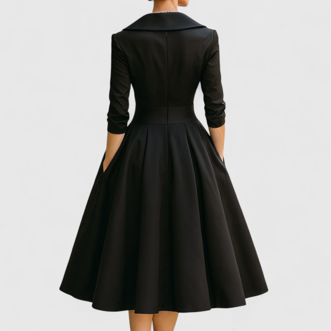 Marley Quinn - Long Sleeve Midi Dress with Flared Skirt and V-Neckline 7