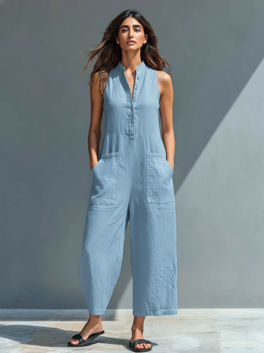Minimalist Linen Blend Sleeveless Jumpsuit with Stand Collar & Button-Up Front 12