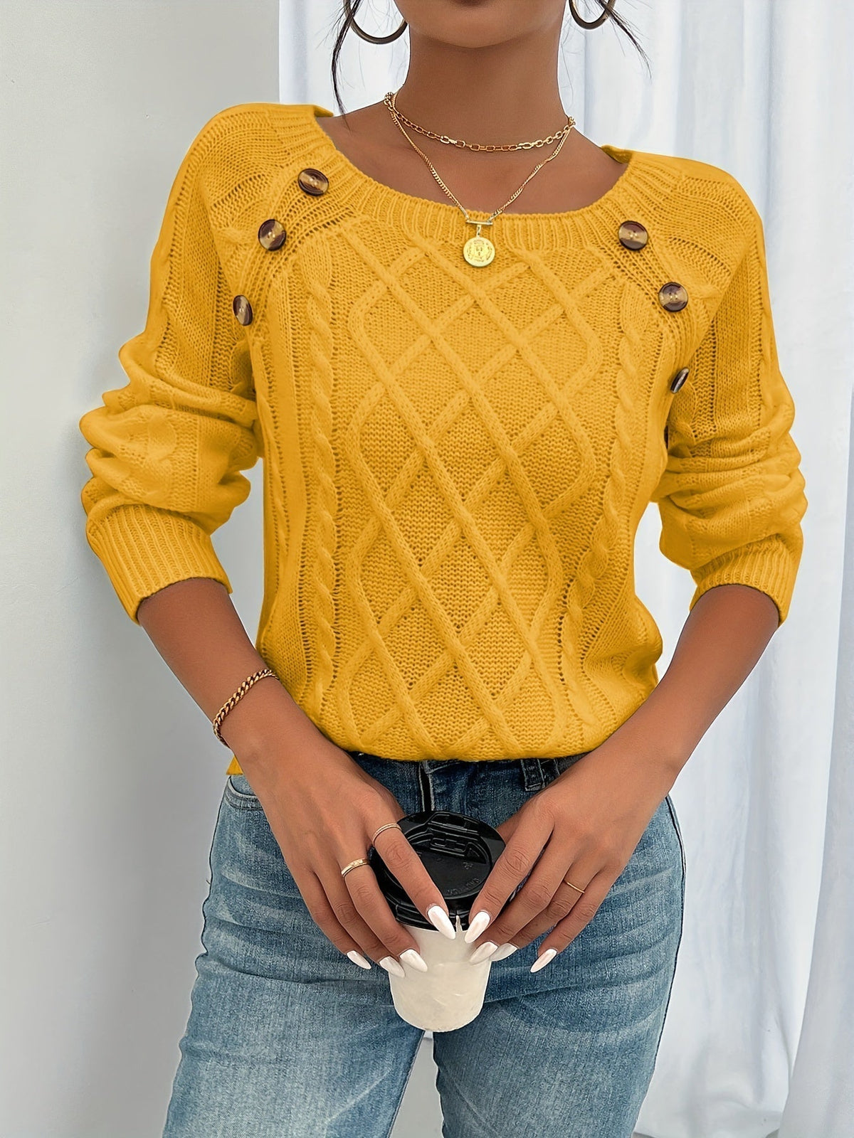 Odaline Cable Knit Pullover Sweater with Button Shoulder Detail for Cozy Elegance 5