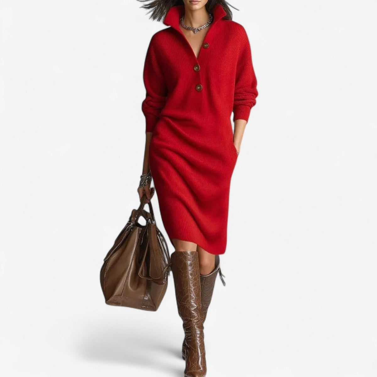 Remy Knit Sweater Dress - Soft Ribbed Midi Dress with Button Neck and Pockets 3