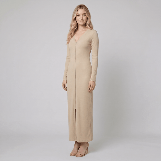 RetroSport - Long Sleeve Maxi Dress with Sporty Knit Fabric and V-Neck Design 1