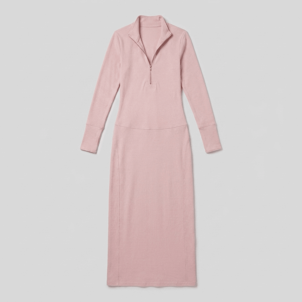 RetroSport - Long Sleeve Maxi Dress with Sporty Knit Fabric and V-Neck Design 7