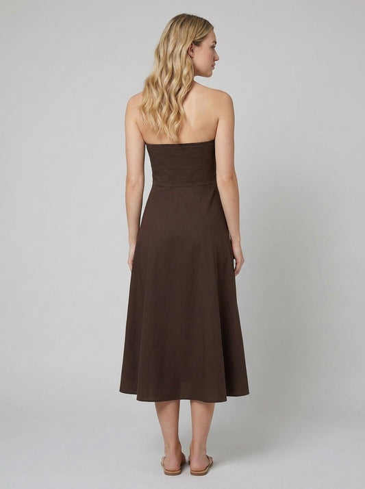 Sable Strapless Summer Dress - Stretch Linen Blend in Dark Brown for Parties 1
