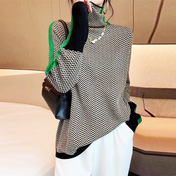Threnody Herringbone Turtleneck Sweater with Contrast Trim for Effortless Style 4